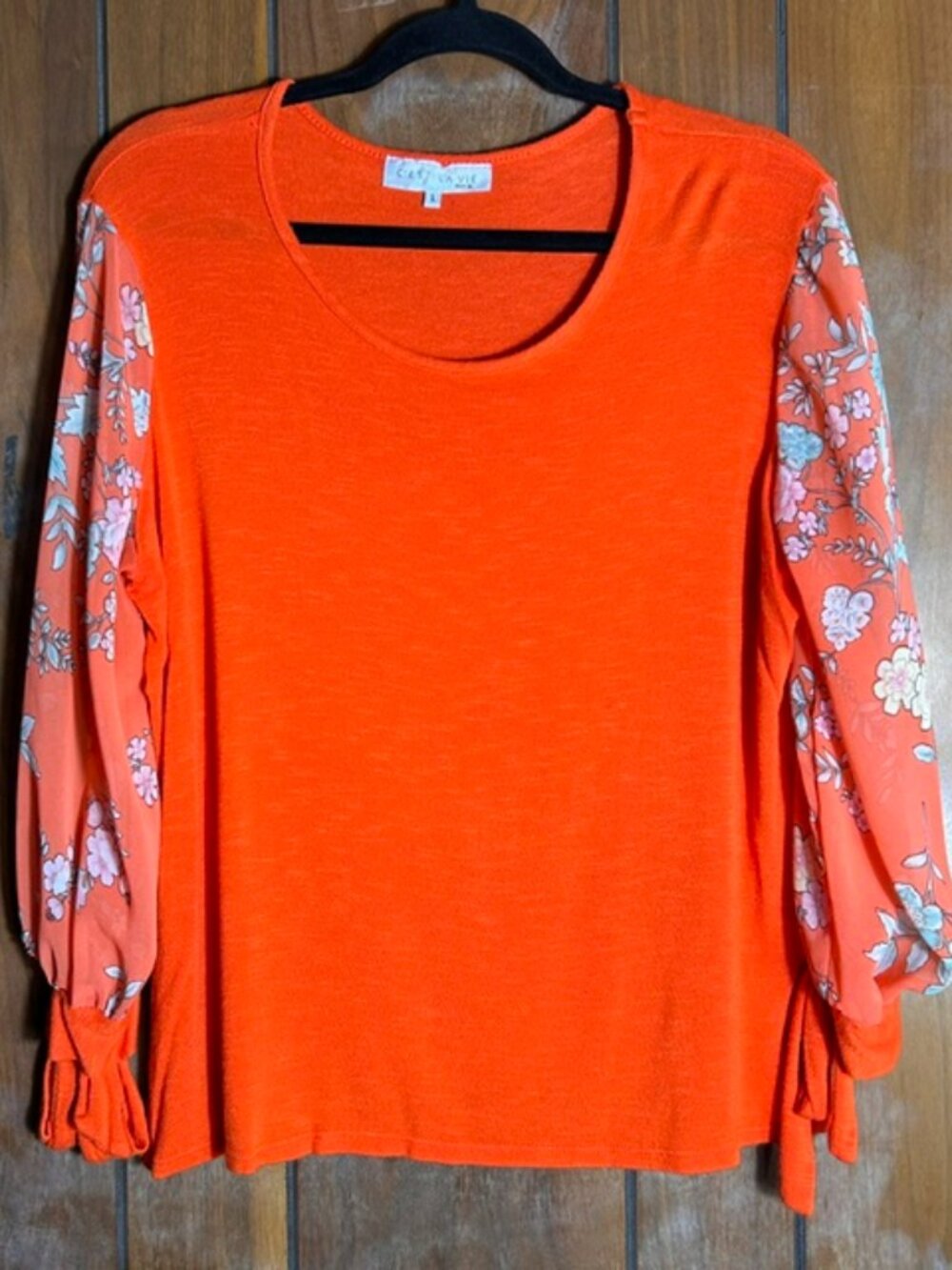 C'est La Vie Mixed Media Blouse Womens Sz Large Orange Knit Sheer Floral Sleeves